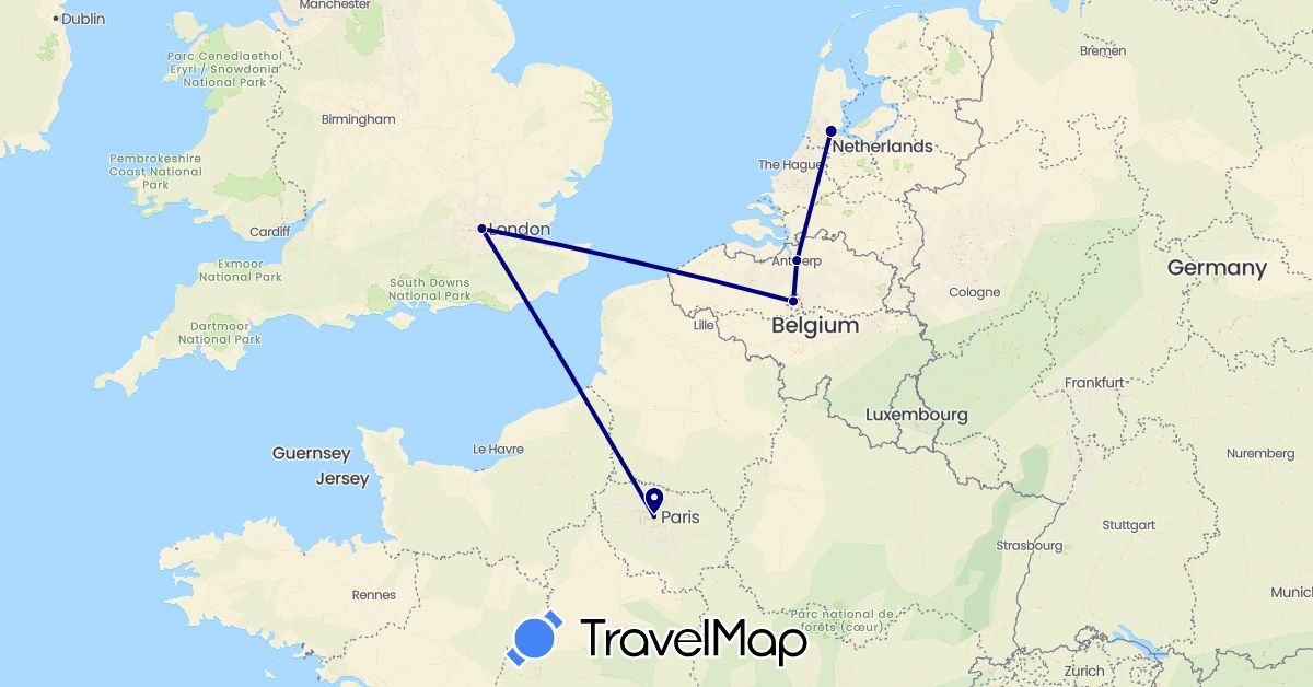 TravelMap itinerary: driving in Belgium, France, United Kingdom, Netherlands (Europe)